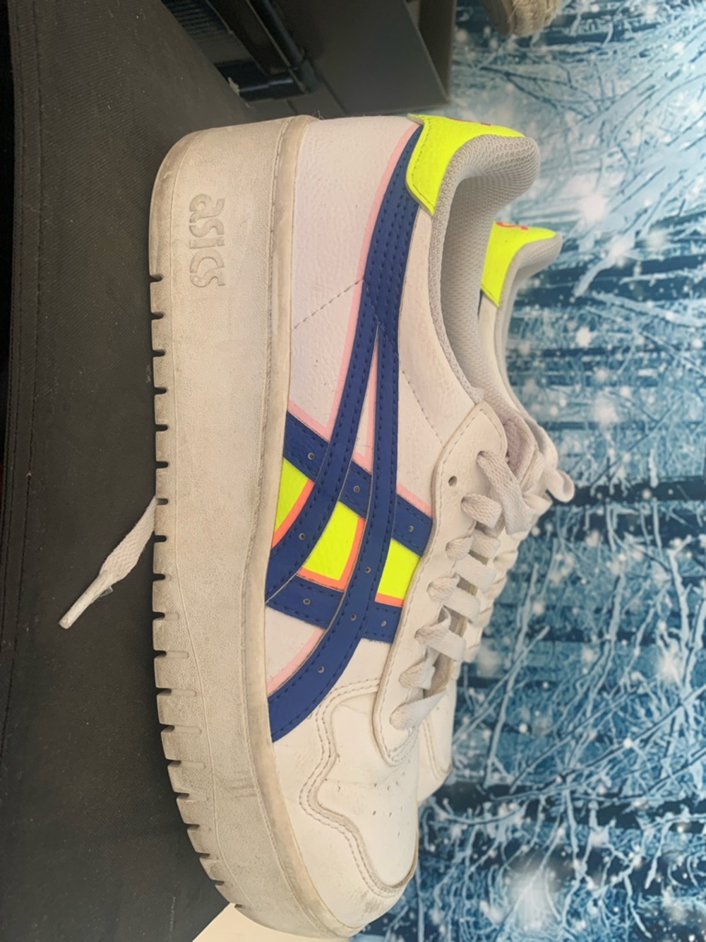 Woman's size 10 ASICS White and Blue Athletic Shoes with Neon Accents